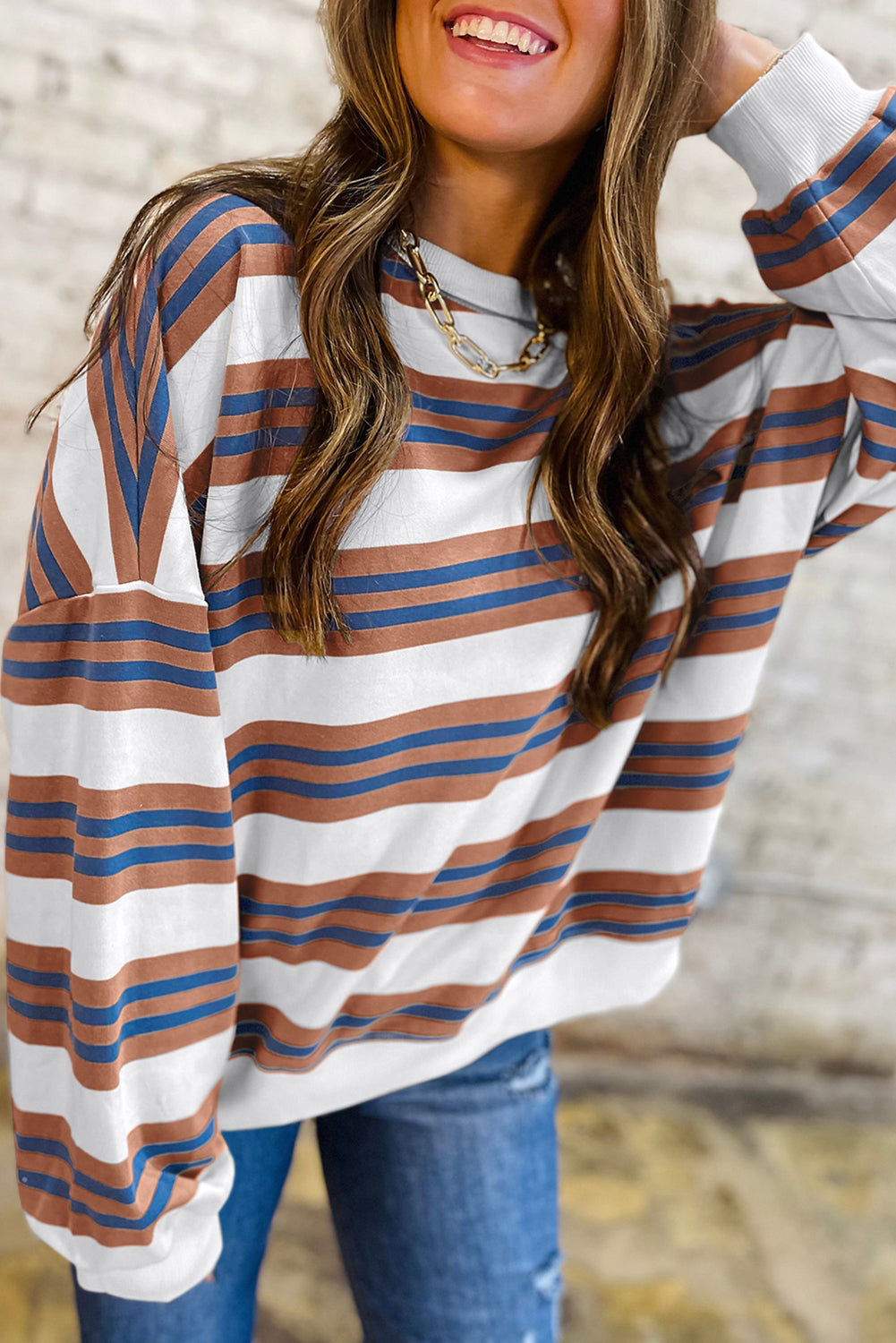 Khaki Striped Crew Neck Drop Shoulder Pullover Sweatshirt Sweatshirts & Hoodies 920548e940cda5e6