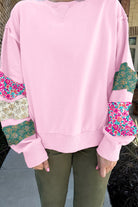 Pink Plus Size Mix Floral Patched Sleeve Ribbed Trim Baggy Sweatshirt Plus Size Tops 9209660dfb518982