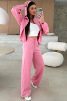 Pink Solid Color Zip Up Hoodie Drawstring Loose Pants Set Two Piece Pants Sets 9238f3863415890d