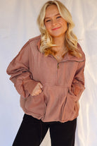 Camel Exposed Seam Side Pockets Half Zipper Baggy Sweatshirt Sweatshirts & Hoodies 923f3b6e73bc8f74