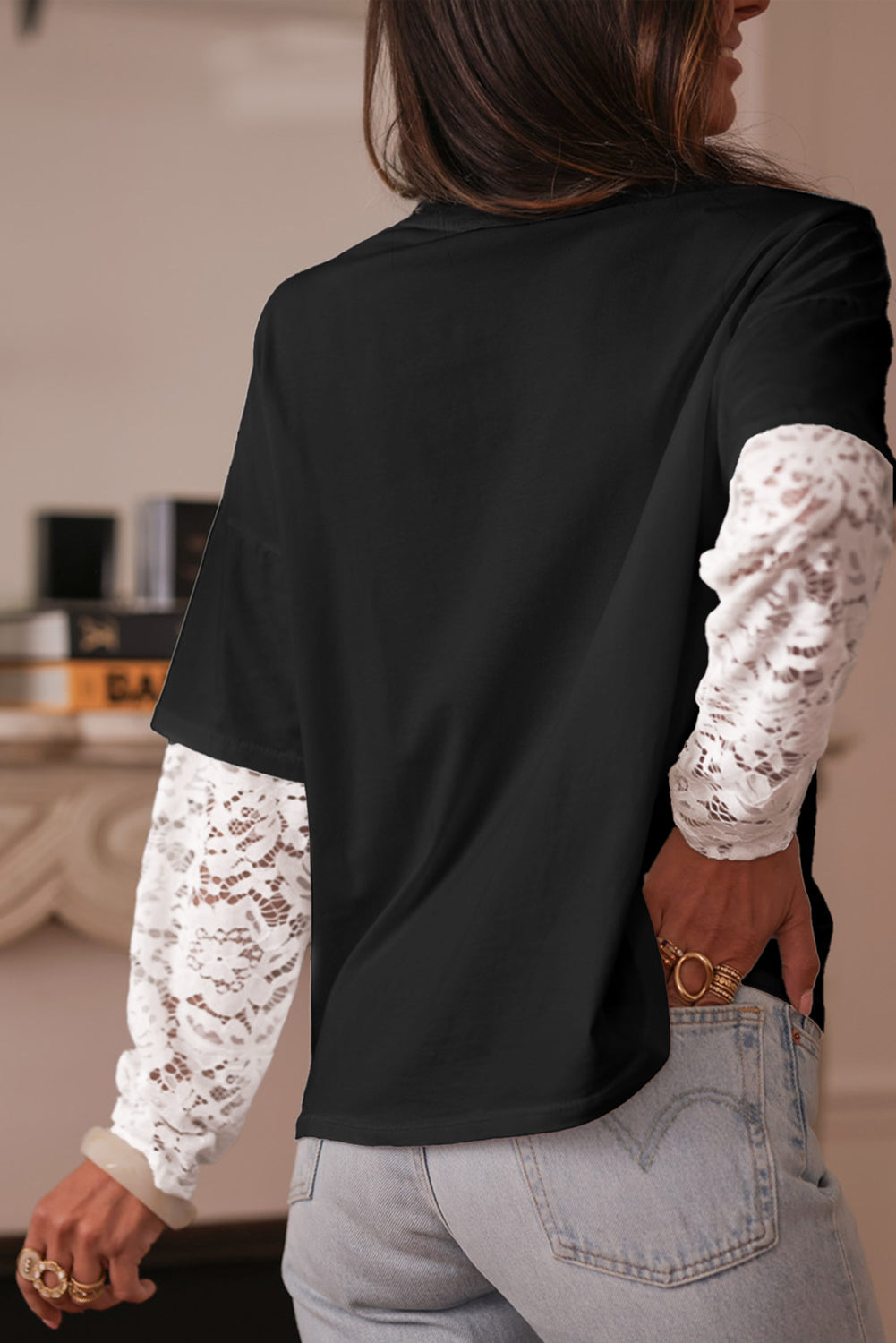 White Fake Two-Piece Lace Long Sleeve Drop Shoulder Tee T Shirts 92abebf87999a696