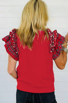 Racing Red Plaid Pearl Ruffled Sleeve Knitted Christmas Holiday Plus Size Top Plus Size Tops 92c732a4f2d887ce
