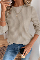 Ribbed Texture Round Neck Long Sleeve Rounded Hem Top Long Sleeve Tops 92ca205080b8e97f