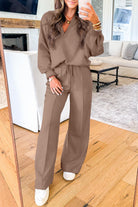 Dark Khaki Polo Collar V Neck Pullover and Drawstring Sweatpants Set Two Piece Pants Sets 92d1233bcb369357