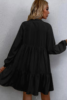 Black Tie Split Neck Smocked Detail Puff Sleeve Ruffle Hem Loose Dress Short Dresses 92d7c2f367bc78ad