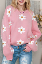 Pink 60s Floral Pattern Drop Shoulder Pullover Knit Sweater Sweaters 92d81bbab90dc526