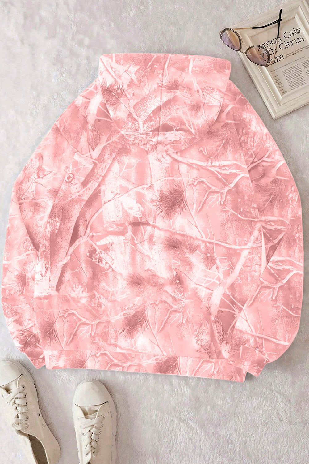 Light Pink Camouflage Plant Print Kangaroo Pocket Oversized Hoodie Sweatshirts & Hoodies 92f54168c3854eae