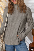 Gray Morn Ribbed High Neck Knitted Pullover Top Long Sleeve Tops 9304f11466f8c56e