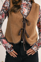 Light French Beige Fleece Tie Front Winter Vest Jackets 932973118c865e89