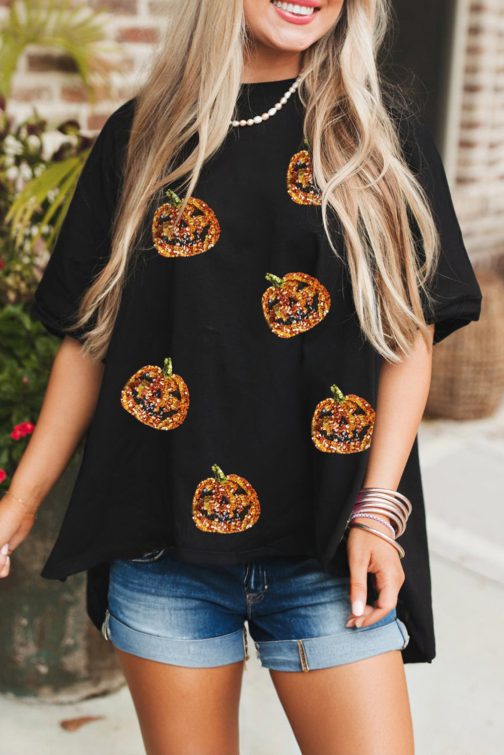 Black Pumpkin Face Sequins Patch Halloween Graphic Tee Graphic Tees 932d52b944480595