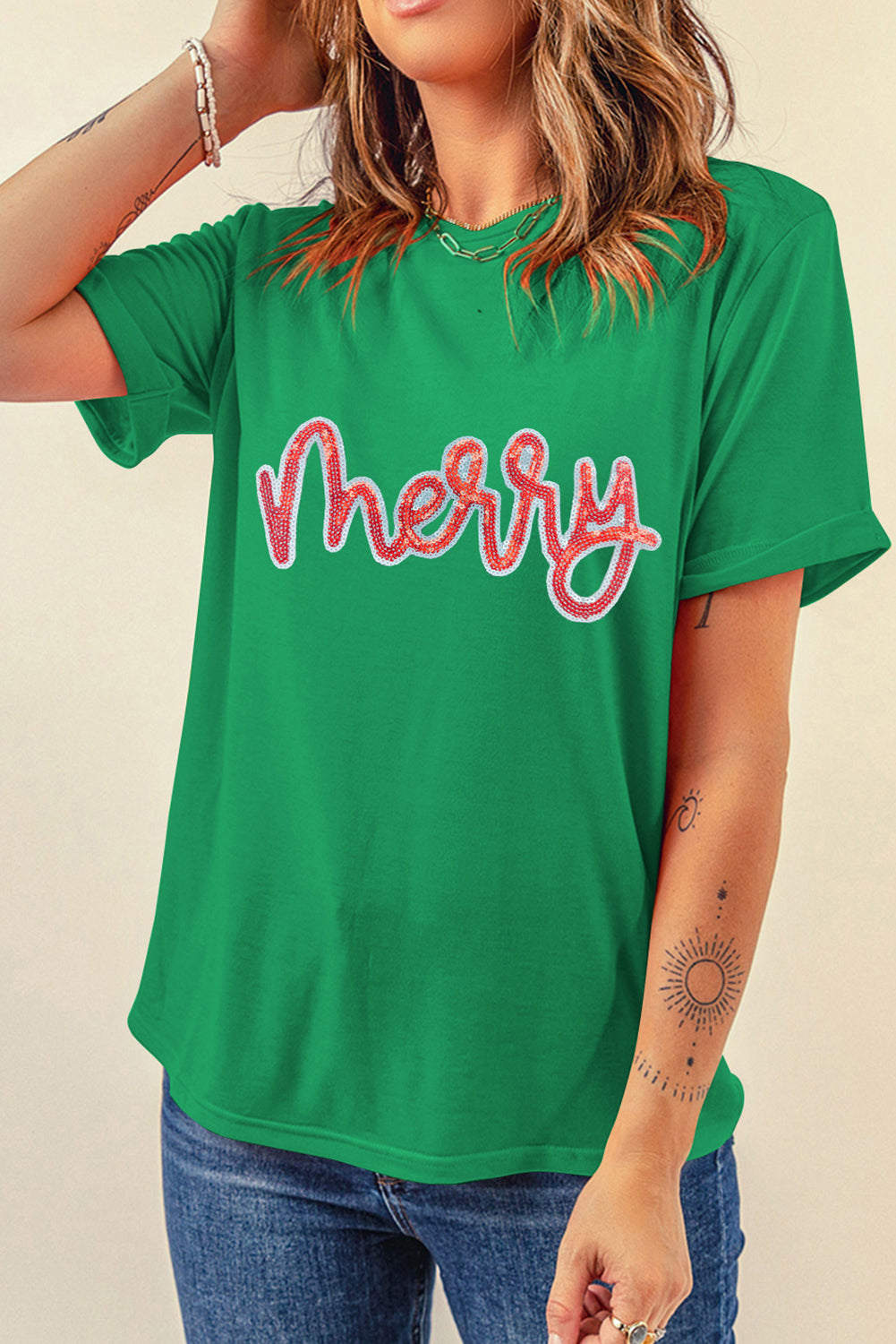 Bright Green merry Letter Sequins Patch Cotton Blend Tee Graphic Tees 935dfe73c362027c