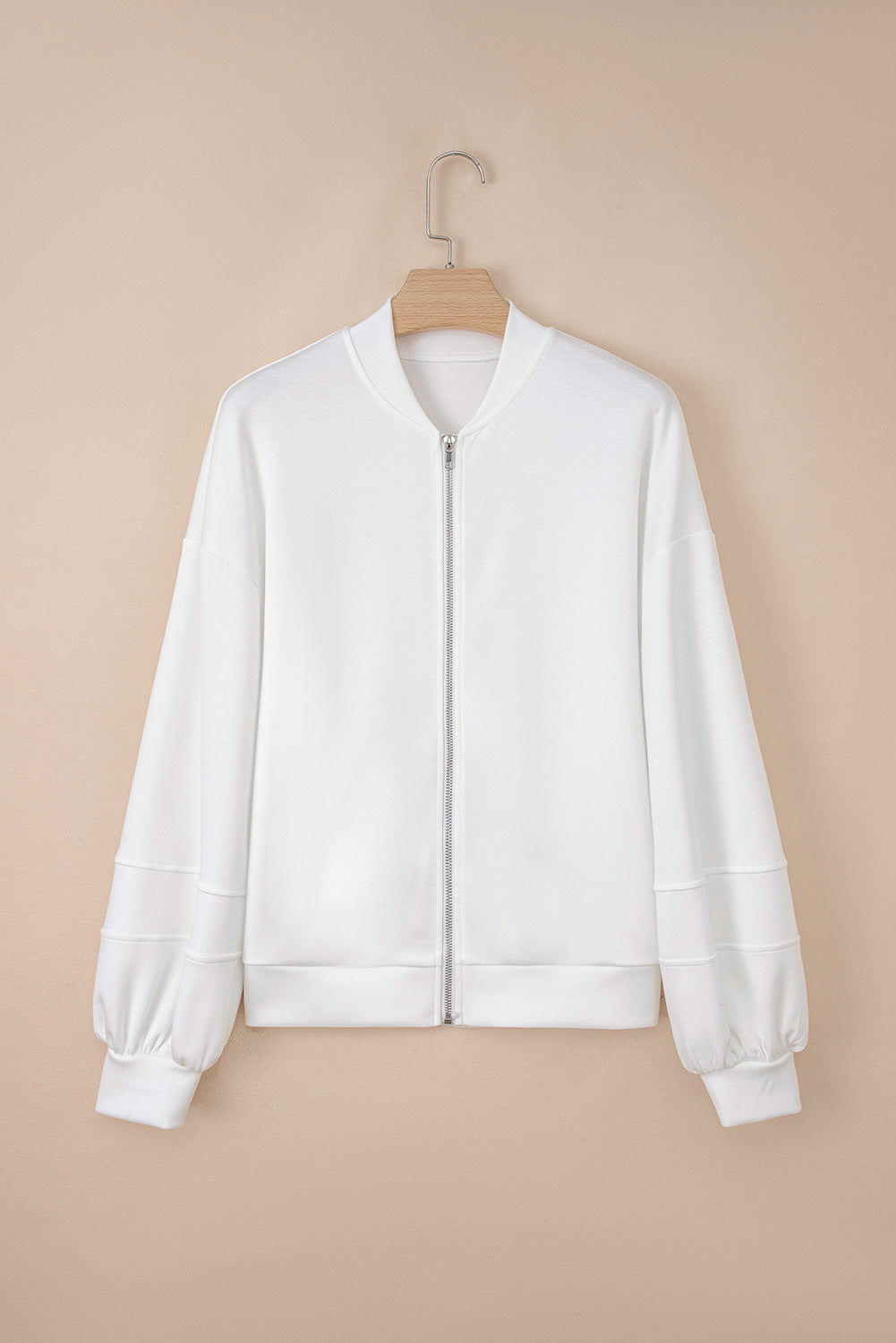 White Solid Color Zip Up Knit Puff Sleeve Jacket Jackets 937c95fa19262fdb