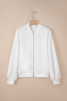 White Solid Color Zip Up Knit Puff Sleeve Jacket Jackets 937c95fa19262fdb