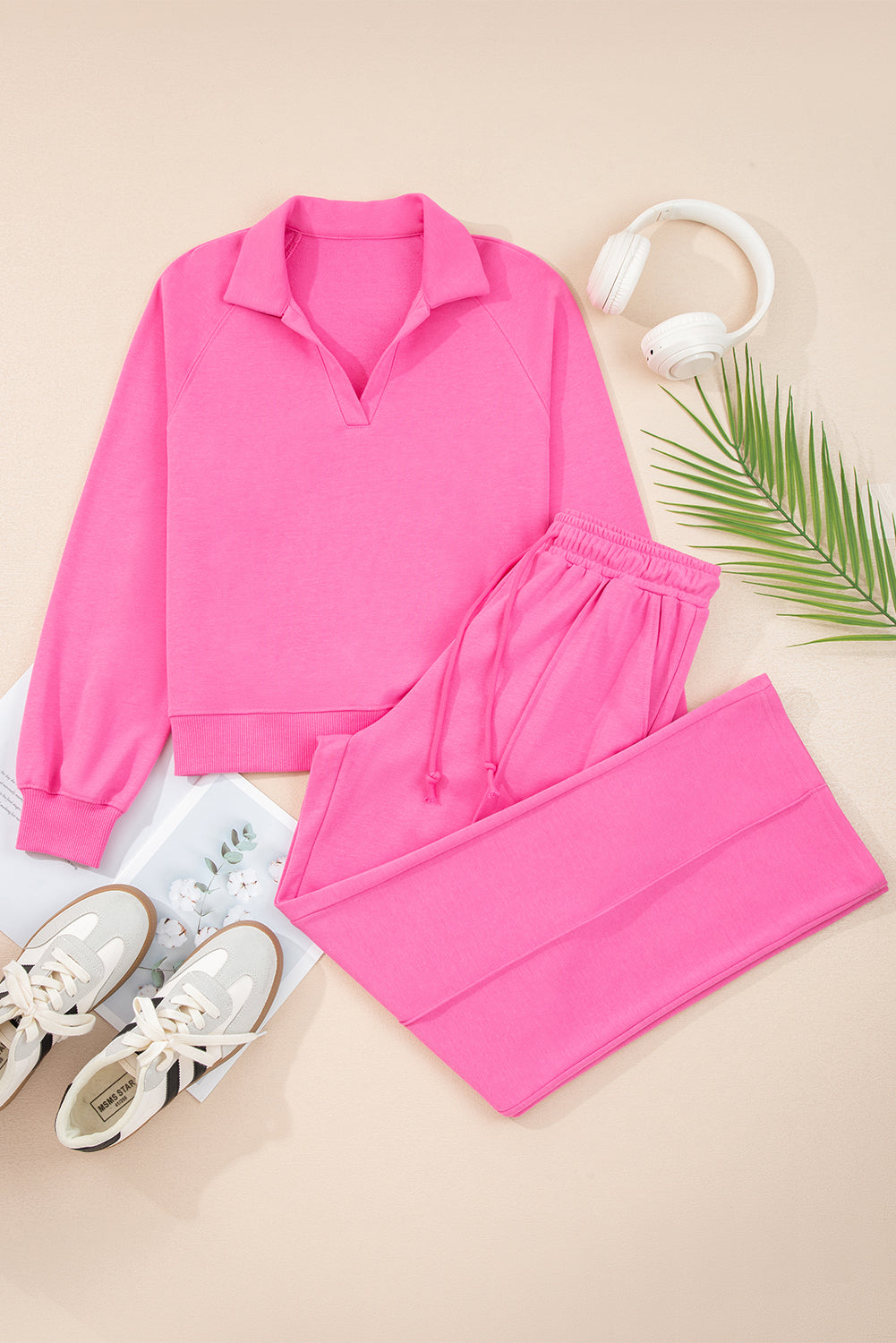 Sachet Pink Solid Color Collared Pullover and Central Seam Pants Set Two Piece Pants Sets 937d27bdbc22d09e