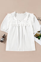 White Embroidered Lace Patchwork Tie Neck Half Sleeve Blouse Blouses 937eca20d92bfbbe