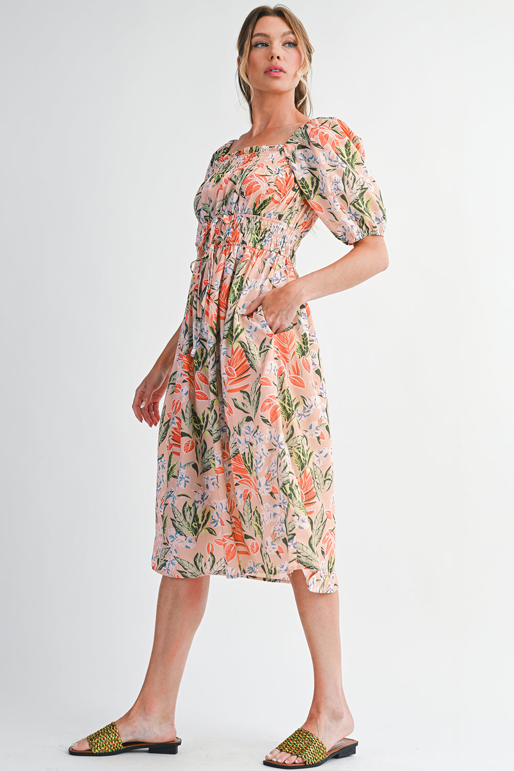 Apricot Pink Floral Knot Front Smocked Bubble Sleeve Dress Midi Dresses 9387344f68ebf6c6