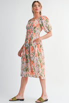 Apricot Pink Floral Knot Front Smocked Bubble Sleeve Dress Midi Dresses 9387344f68ebf6c6