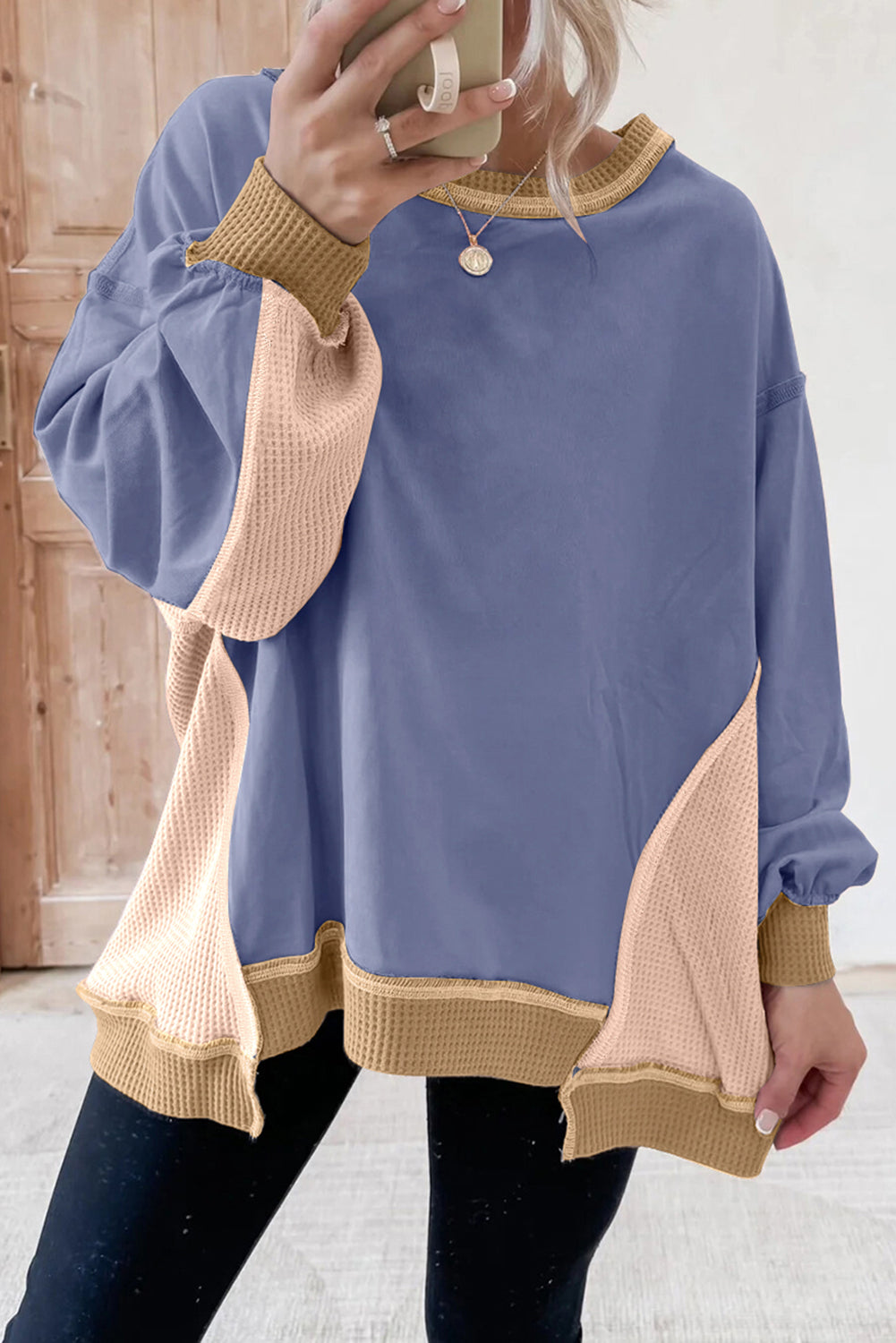 Smoke Green Colorblock Waffle Patchwork Oversize Sweatshirt Sweatshirts & Hoodies 9390b72c764e3a0c