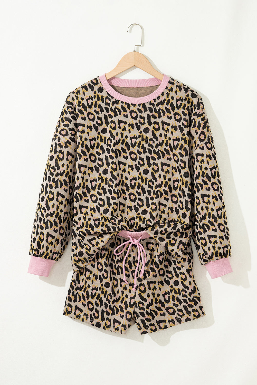 Pink Leopard Print Contrast Edge Long Sleeve Pullover Shorts Set Short Sets 9396c8aaaf7a7feb