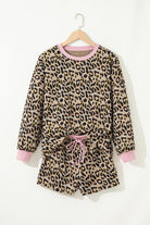 Pink Leopard Print Contrast Edge Long Sleeve Pullover Shorts Set Short Sets 9396c8aaaf7a7feb