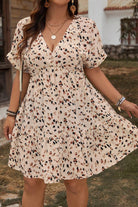 Beige Abstract Print Surplice V Neck Cuffed Sleeve Empire Waist Plus Size Dress Plus Size Dresses 93fa27af715253d4
