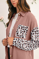 Dark Khaki Leopard Patchwork Twisted Ribbed Casual Shacket Jackets 93fe878337b5414f