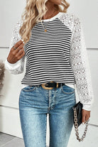 Black Stripe Textured Knit Patchwork Hollowed Lace Sleeve Top Long Sleeve Tops 94334c88f87000dc