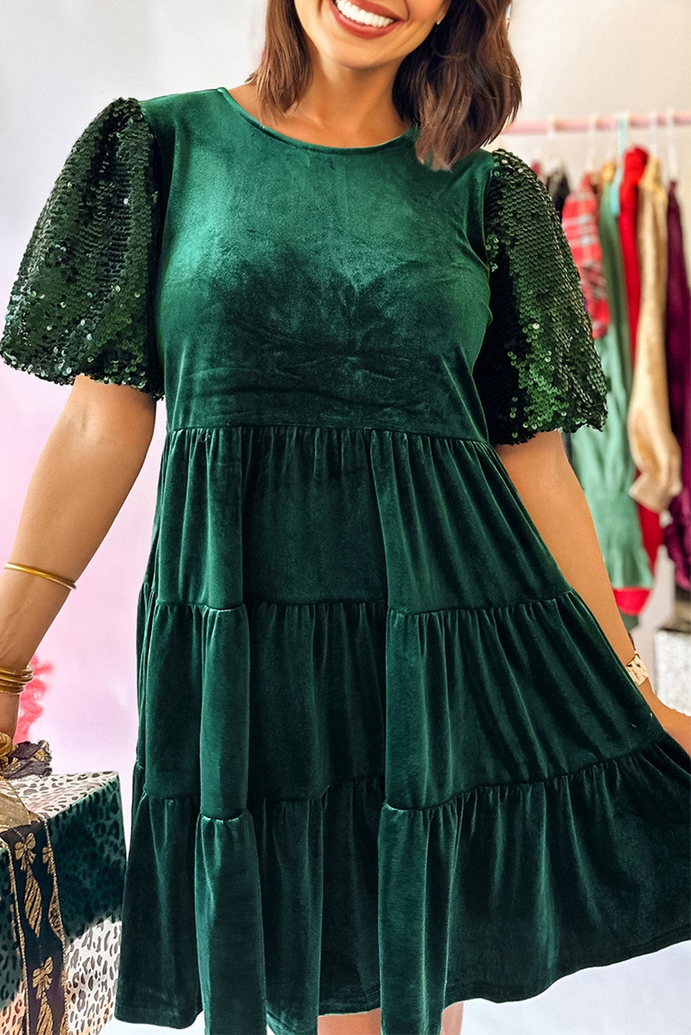 Evergreen Sequin Puff Sleeve High Waist Tiered Velvet Mini Dress Short Dresses 944604867f5d4a39