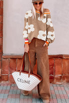 Smoke Gray Big Flower Pattern Contrast Striped Baggy Sweater Sweaters 945c7dc3dc9598fe