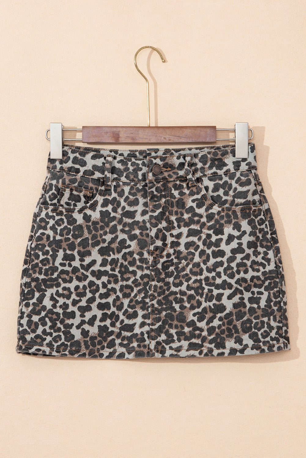Khaki Allover Leopard Print Denim Mini Skirt Skirts 947c9f5c6c30c95c