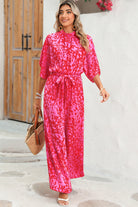 Rose Leopard Print Tulip Sleeve Belted Wide Leg Jumpsuit Jumpsuits 949cc9e2a74686aa