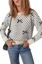 Beige Bow Decor Color Contrast Ribbed Edge Crew Neck Sweater Sweaters 94b9080f43ced299
