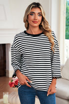 Sachet Pink Striped Round Neck Contrast Trim Bell Sleeve Top Long Sleeve Tops 94fcc0425f2fe199