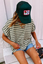 Green Stripe Textured Side Slit Crew Neck T Shirt T Shirts 951828316451ba8b