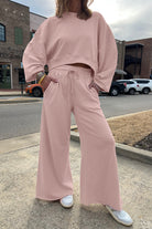 Light Pink Drop Shoulder Crop Pullover Drawstring Wide Leg Pants Set Two Piece Pants Sets 954e2775a296832c