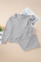 Light Grey Solid Textured Collared V Neck Top and Wide Leg Pants Set Two Piece Pants Sets 954ef020c1b27d5b