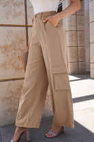 Camel Solid Color Elastic High Waist Loose Cargo Pants Pants 955b9fb62e97750b