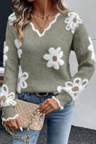 Smoke Gray Jacquard Floral Scallop V-neck Sweater Sweaters 95642ab00e97629f