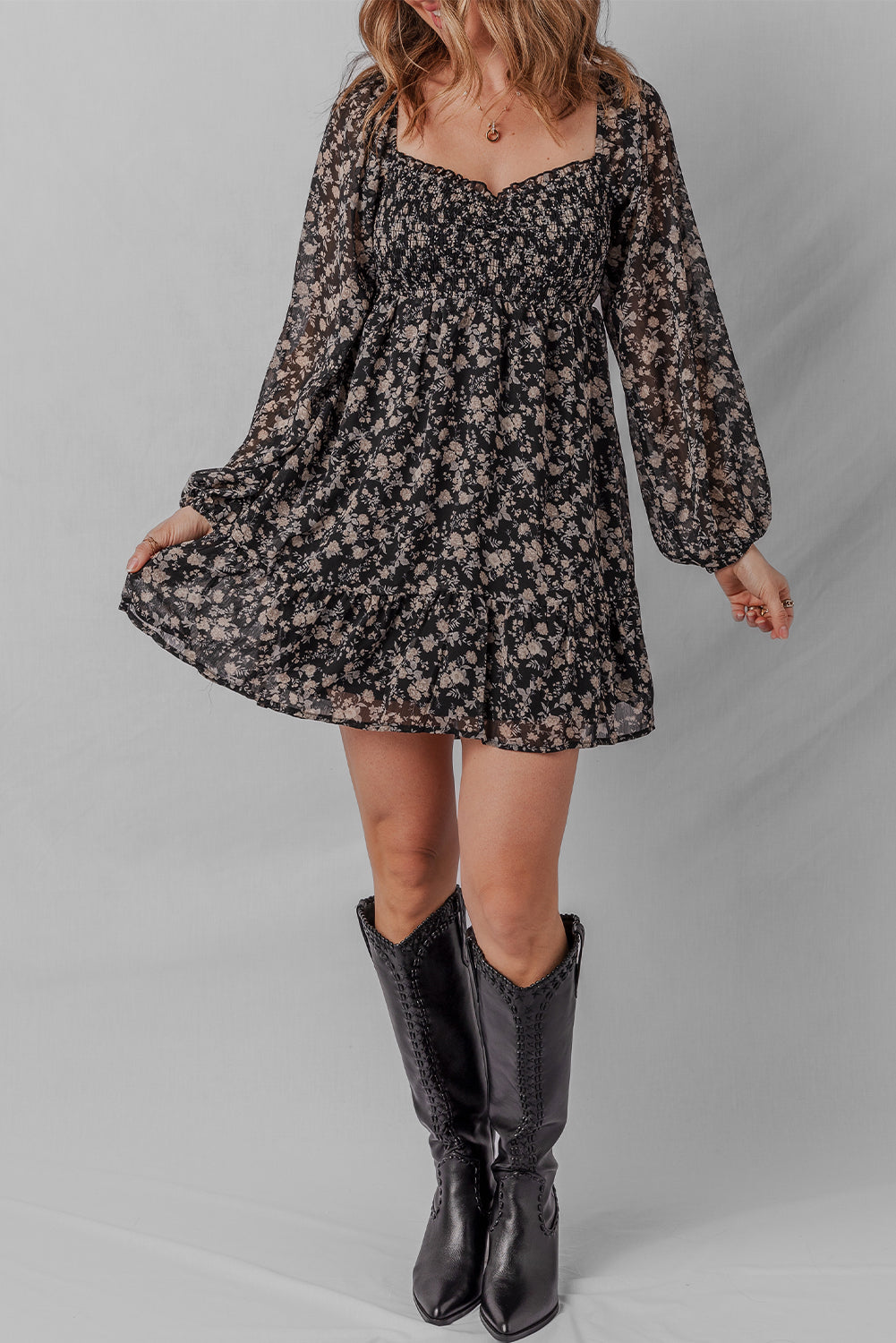 Black Floral Long Sleeve Frilly Shirred Square Neck Mini Dress Short Dresses 9566384e3d46e287