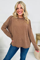 Green Bay Twisted Rib Exposed Seam Detail Long Sleeve Loose Top Long Sleeve Tops 957791d82bafb6d9
