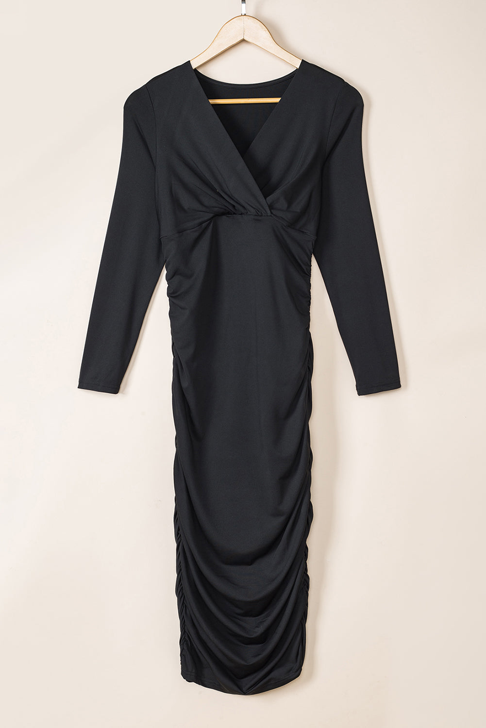 Black Long Sleeves Wrap V Neck Ruched Sheath Midi Dress Midi Dresses 959b1cf0e8e290ad