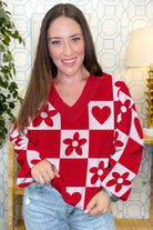 Fiery Red Floral Heart Pattern Plaid V Neck Sweater Sweaters 95b916b2ca89efdf
