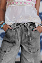 Prussian Blue Drawstring Seam Detail Raw Hem Wide Leg Jeans Jeans 95baefcf7df42bf7