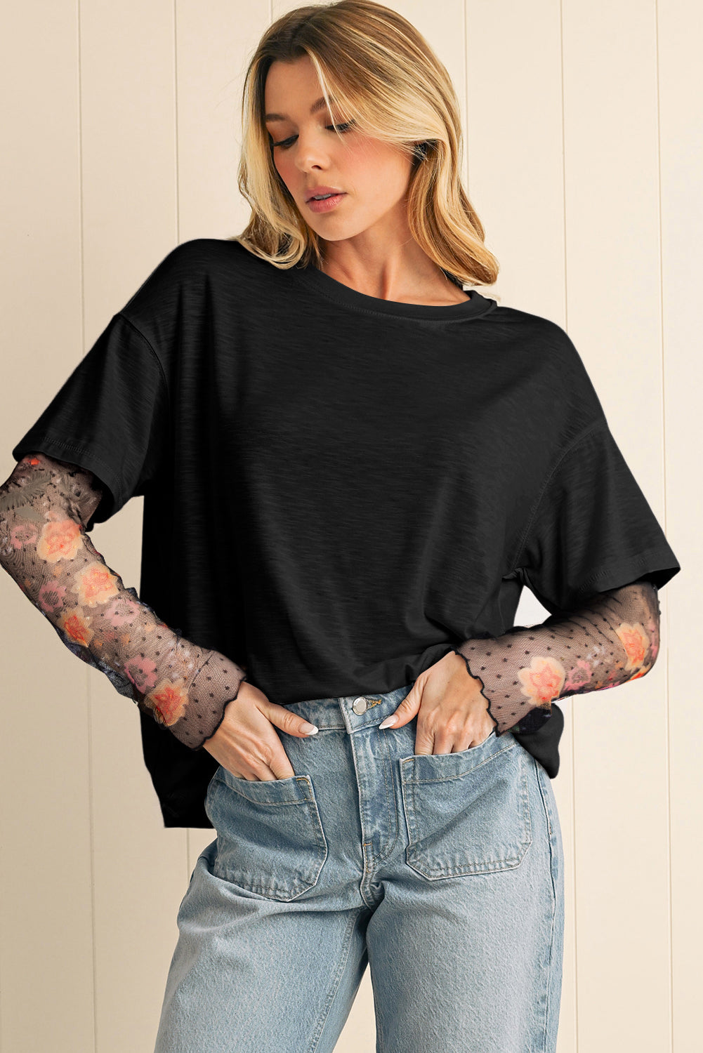 Black Floral Mesh Sleeve Fake Two-Piece Top Long Sleeve Tops 95df387fe0b3d7ec