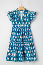 Blue Retro Floral Print Split Neck Ruffle Short Sleeve Dress Short Dresses 95f2ca13d4049c6a