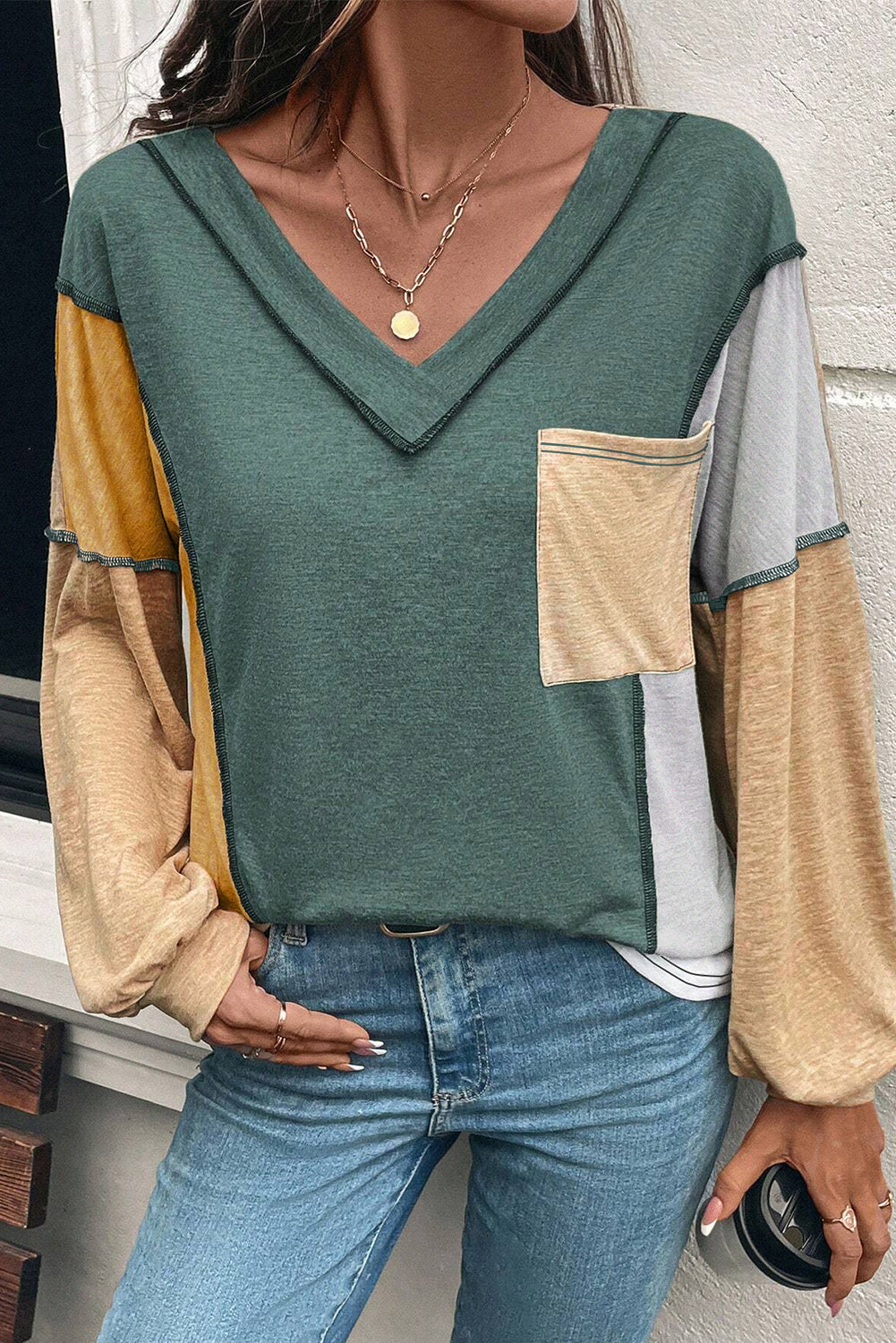 Green Exposed Stitching Colorblock V Neck Long Sleeve Top Long Sleeve Tops 9604d4f0d4c45e4a