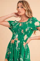 Green Floral Print Bubble Sleeve Smocked Tiered Midi Dress Midi Dresses 96064b5be66fdda6