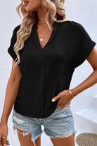 Black Notched Neck Batwing Sleeve Blouse Blouses 9612be5e3bd81c5c