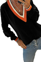 Black Contrast Striped Trim V Neck Knit Sweater Sweaters 96176365df964483
