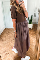 Coffee Knit Top Patchwork Pleated Half Sleeve Long Dress Maxi Dresses 96222803e9f53ea0